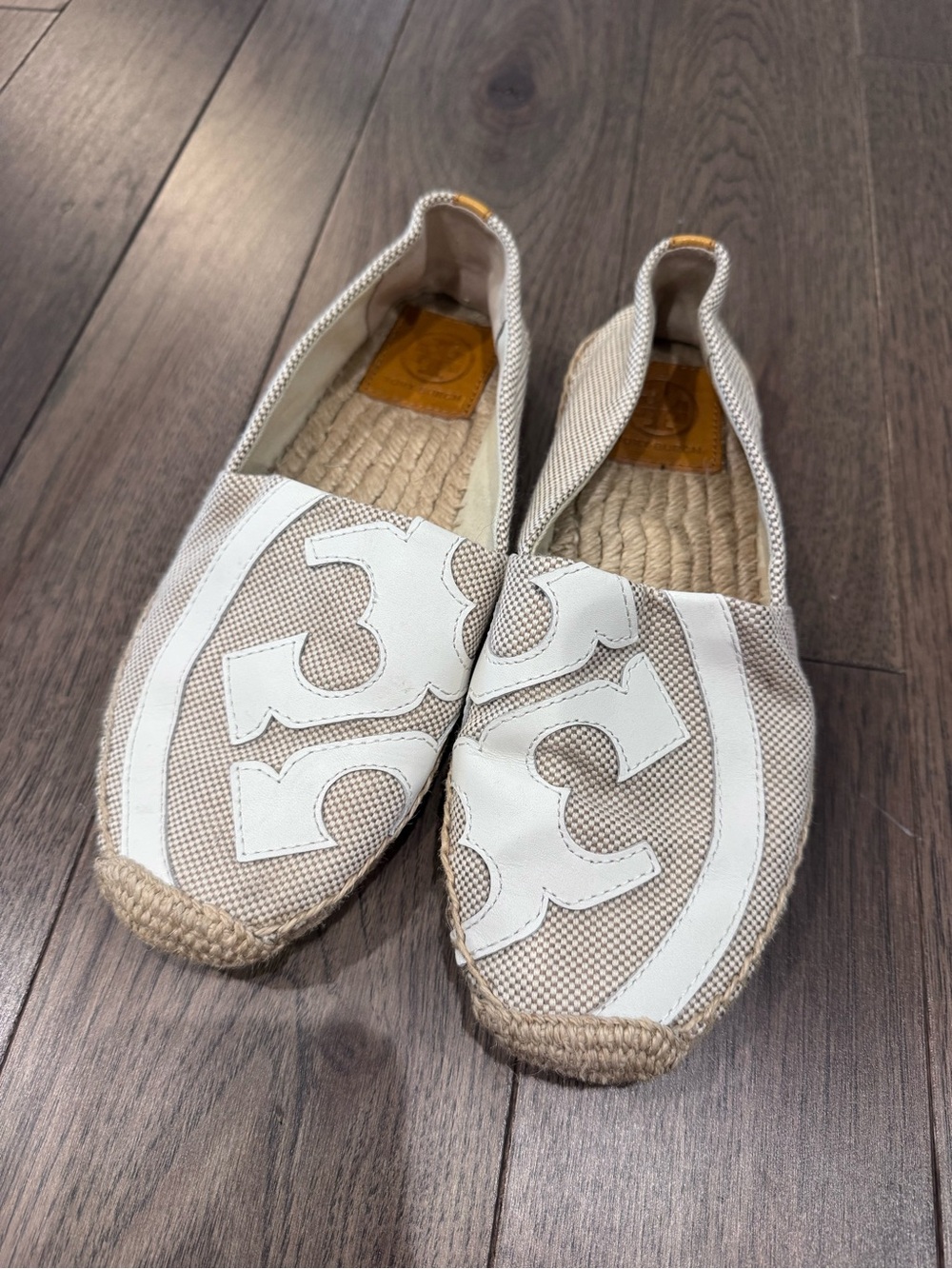 Tory Burch Beige Canvas Espadrille Flats with White Logo